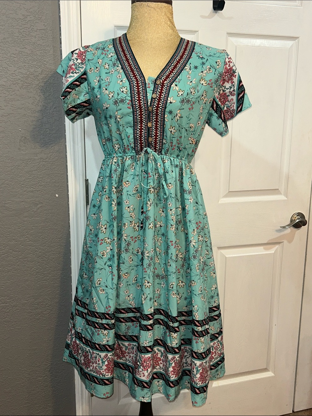 Turquoise Floral Midi Dress with Drawstring Waist
